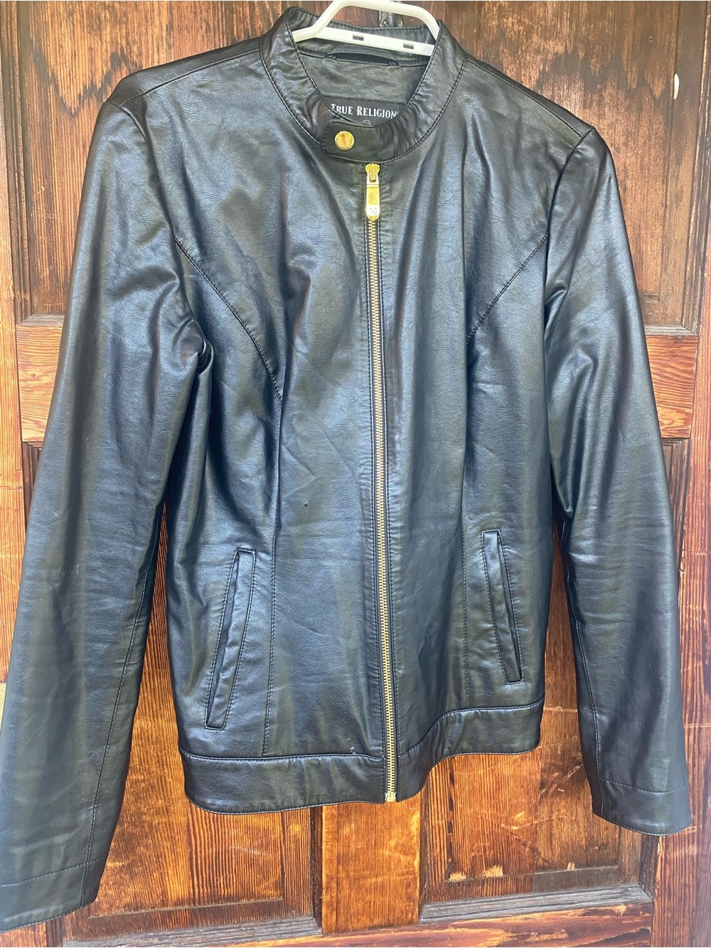 True Religion Black Faux Leather Jacket with Gold Trim